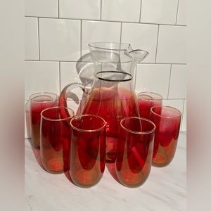 Vintage Rose Glow Blendo Glass Pitcher &6 glasses 40 th Anniversary logo